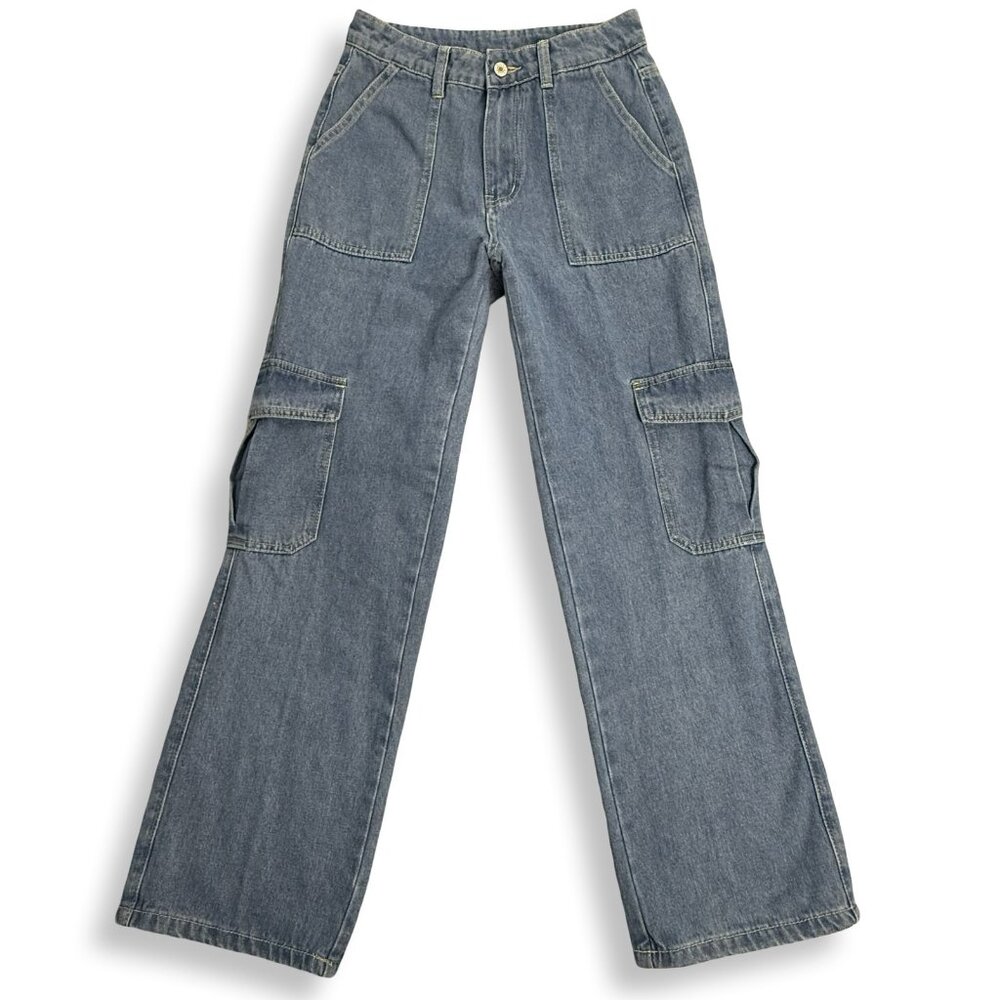 Y2K Cargo Jeans Womens Small 26x28 Blue Relaxed Straight Leg High Rise Utility